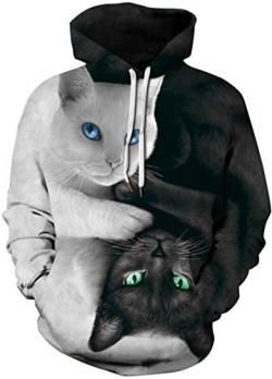 EUDOLAH Damen Pullover 3D Druck Pulli mit Tasche Digitaldruck Pulli mit Aufdruck Galaxy Tier Langarm 0-Schwarz und Weiß Katzen S-M von EUDOLAH