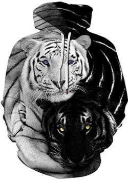 EUDOLAH Damen Pullover 3D Druck Pulli mit Tasche Digitaldruck Pulli mit Aufdruck Galaxy Tier Langarm 1-Schwarz und Weiß Tiger L-XL von EUDOLAH