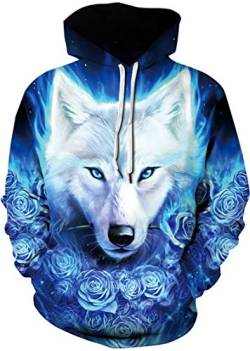 EUDOLAH Damen Pullover 3D Druck Pulli mit Tasche Digitaldruck Pulli mit Aufdruck Galaxy Tier Langarm 2-Blauer Schneewolf L-XL von EUDOLAH