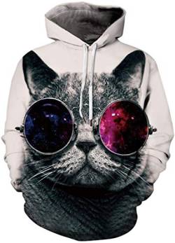 EUDOLAH Damen Pullover 3D Druck Pulli mit Tasche Digitaldruck Pulli mit Aufdruck Galaxy Tier Langarm 2-Brille Katze L-XL von EUDOLAH