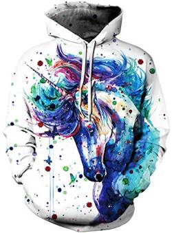 EUDOLAH Damen Pullover 3D Druck Pulli mit Tasche Digitaldruck Pulli mit Aufdruck Galaxy Tier Langarm XXL-3XL, 2-Einhorn Ölfarbe von EUDOLAH