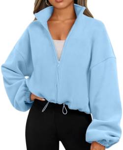 EUDOLAH Damen Reißverschluss Sweatshirt Langarm Fleece Schüttelvlies Pulli Outwear Jacken Herbst Winter Sweatjacke mit Kordelzug Blau XL von EUDOLAH