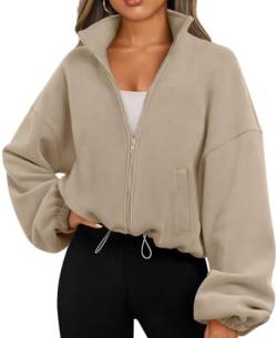 EUDOLAH Damen Reißverschluss Sweatshirt Langarm Fleece Schüttelvlies Pulli Outwear Jacken Herbst Winter Sweatjacke mit Kordelzug Khaki S von EUDOLAH