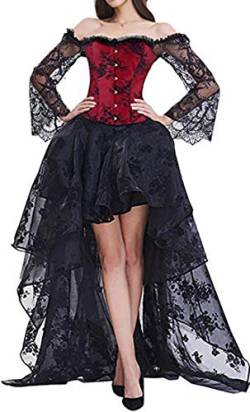 EUDOLAH Damen Schwarz Korsagen Gothic Taille Korset Lang Hauch Bluse Mini Korsett kurz Party Steampunk inkl. und Korsett Top (X-Large, 11708 Schwarz und Rot) von EUDOLAH