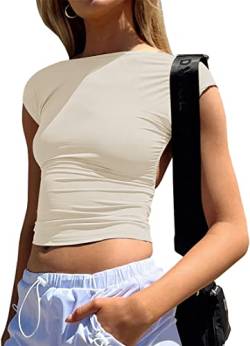 EUDOLAH Damen Slim Fit Y2K Oberteile Rückenfreie Blusen Elegant Crop Tops T-Shirt Clubwear Backless Top Beige L von EUDOLAH