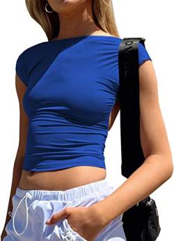 EUDOLAH Damen Slim Fit Y2K Oberteile Rückenfreie Blusen Elegant Crop Tops T-Shirt Clubwear Backless Top Blau M von EUDOLAH