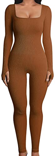 EUDOLAH Damen Sport Jumpsuit Lang Eng Yoga Bodysuit Workout Playsuits Overall Stretch Langarm Bodycon Einteiler Sportanzug Hosenanzug Trainingsanzug L Braun von EUDOLAH