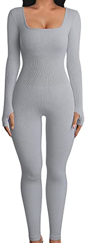 EUDOLAH Damen Sport Jumpsuit Lang Eng Yoga Bodysuit Workout Playsuits Overall Stretch Langarm Bodycon Einteiler Sportanzug Hosenanzug Trainingsanzug L Hellgrau von EUDOLAH