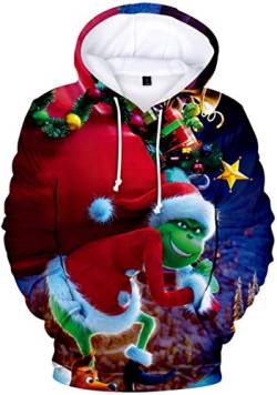 EUDOLAH Herren Kapuzenpullover 3D Druck Weihnachten Hooded X-Mas Langarm Hoodie Kordelzug Sweatshirt 00Grün-2 XS von EUDOLAH