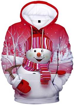 EUDOLAH Herren Kapuzenpullover 3D Druck Weihnachten Hooded X-Mas Langarm Hoodie Kordelzug Sweatshirt Rot Schneemann 3XL von EUDOLAH