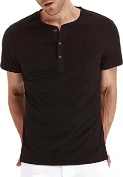 EUDOLAH Herren Kurzarm Knopf Shirts Atmungsaktiv Casual Baumwolle T-Shirts Einfarbig Regular Fit Henley Tops 01 Schwarz L von EUDOLAH
