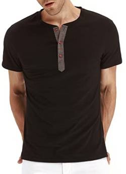 EUDOLAH Herren Kurzarm Knopf Shirts Atmungsaktiv Casual Baumwolle T-Shirts Einfarbig Regular Fit Henley Tops A-Schwarz XL von EUDOLAH