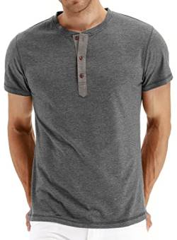 EUDOLAH Herren Kurzarm Knopf Shirts Atmungsaktiv Casual Baumwolle T-Shirts Einfarbig Regular Fit Henley Tops Dunkelgrau M von EUDOLAH