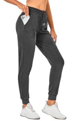 EUHOM Jogginghose Damen Baumwolle Sporthose Lang Trainingshose Yogahose Frauen High Waist Freizeithose Slim Fit Sweathose Kordelzug Jogger mit Taschen(F-Dunkelgrau, L) von EUHOM