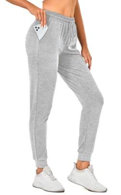 EUHOM Jogginghose Damen Baumwolle Sporthose Lang Trainingshose Yogahose Frauen High Waist Freizeithose Slim Fit Sweathose Kordelzug Jogger mit Taschen(Hellgrau, XL) von EUHOM