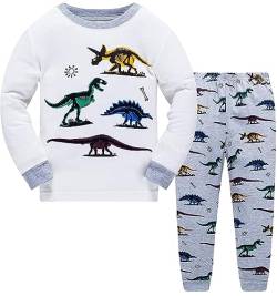 EULLA Jungen Schlafanzug Lang Kinder Pyjama Baumwolle Nachtwäsche, A-weiß, EU 116(5-6Jahre)=Tag 130 von EULLA