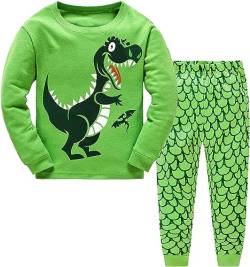 EULLA Jungen Schlafanzug Lang Kinder Pyjama Baumwolle Nachtwäsche, C-grün, EU 104(3-4Jahre)=Tag 110 von EULLA