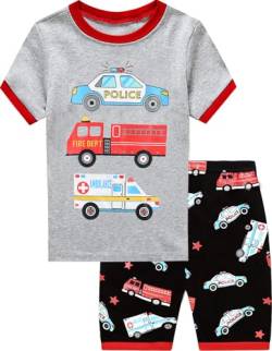 EULLA Kinder Jungen Schlafanzug Kurzarm Sommer Shorty Pyjama Set Feuerwehrwagen Zweiteiliger Nachtwäsche Baumwolle Größe 4 Jahre alt 7# Grau Feuerwehrwagen Krankenwagen DE 104 von EULLA