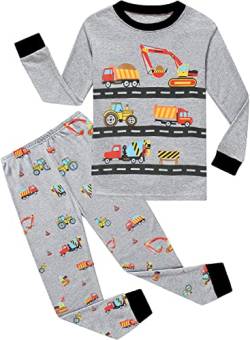 EULLA Kinder Jungen Schlafanzug Langarm Baumwolle Winter Pyjama Set Bagger Zweiteiliger Nachtwäsche 2 Jahre alt Größe 92 E-Grau Bagger DE 92 von EULLA