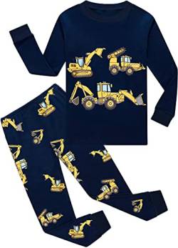 EULLA Kinder Jungen Schlafanzug Langarm Baumwolle Winter Pyjama Set Bagger Zweiteiliger Nachtwäsche 2 Jahre alt Größe 92 F-Dunkelblau Bagger DE 92 von EULLA