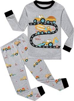 EULLA Kinder Jungen Schlafanzug Langarm Baumwolle Winter Pyjama Set Bagger Zweiteiliger Nachtwäsche 6 Jahre alt Größe 116 B-Grau Bagger DE 116 von EULLA