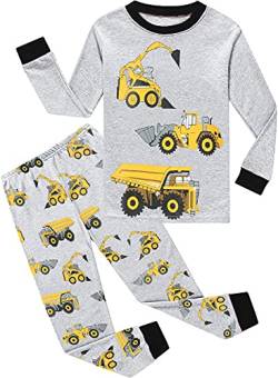 EULLA Kinder Jungen Schlafanzug Langarm Baumwolle Winter Pyjama Set Bagger Zweiteiliger Nachtwäsche 7 Jahre alt Größe 122 E-Grau Bagger DE 122 von EULLA