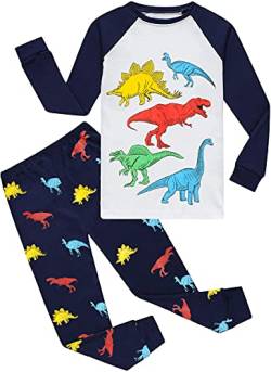 EULLA Kinder Jungen Schlafanzug Langarm Baumwolle Winter Pyjama Set Dinosaurier Zweiteiliger Nachtwäsche 5 Jahre alt Größe 110 G-Dunkelblau Dinosaurier DE 110 von EULLA