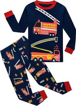 EULLA Kinder Jungen Schlafanzug Langarm Baumwolle Winter Pyjama Set Feuerwehrwagen Zweiteiliger Nachtwäsche 2 Jahre alt Größe 92 A-Dunkelblau Feuerwehrwagen DE 92 von EULLA