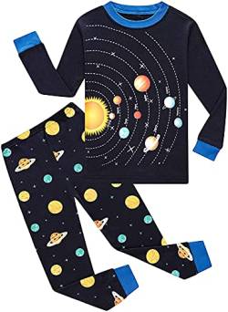 EULLA Kinder Jungen Schlafanzug Langarm Baumwolle Winter Pyjama Set Weltraum Planeten Zweiteiliger Nachtwäsche 2 Jahre alt Größe 92 G-Dunkelblau Weltraum Planeten DE 92 von EULLA