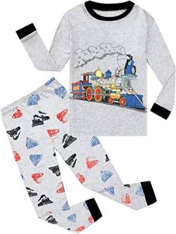 EULLA Kinder Jungen Schlafanzug Langarm Baumwolle Winter Pyjama Set Zug Zweiteiliger Nachtwäsche 2 Jahre alt Größe 92 F-Grau Zug DE 92 von EULLA
