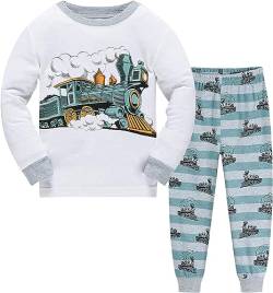 EULLA Kinder Jungen Schlafanzug Langarm Baumwolle Winter Pyjama Set Zug Zweiteiliger Nachtwäsche 2 Jahre alt Größe 92 G-Weiß Zug DE 92 von EULLA