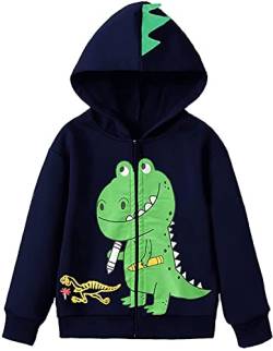 EULLA Kinder Jungen Zip Up Hoodie Sweatjacke Kapuzenjacke Dino Kapuzenpullover Langarm Baumwolle Pullover Hoody Sweatshirt mit Reißverschluss 1# Dunkelblau Dinosaurier DE 104 von EULLA