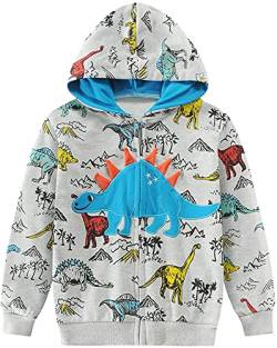 EULLA Kinder Jungen Zip Up Hoodie Sweatjacke Kapuzenjacke Dino Kapuzenpullover Langarm Baumwolle Pullover Hoody Sweatshirt mit Reißverschluss 5# Grau Dinosaurier DE 104 von EULLA