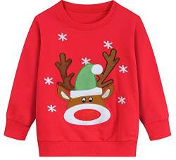 EULLA Kinder Mädchen Jungen Weihnacht Pullover Sweatshirt Weihnachtsoutfit Weihnachtspuli Winter Baumwolle Langarm Christmas Xmas Rentier Weihnachtskleidung Gr.110/116 6 Jahre 1# Rot Rentier DE 116 von EULLA