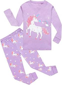 EULLA Kinder Mädchen Schlafanzüge Langarm Baumwolle Winter Pyjama Set Einhorn Zweiteilig Nachtwäsche 7 Jahre alt E-Lila Einhorn DE 122 von EULLA