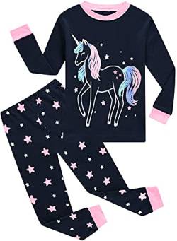 EULLA Kinder Mädchen Schlafanzüge Langarm Baumwolle Winter Pyjama Set Glow in The Dark Einhorn Zweiteilig Nachtwäsche 92 98 104 110 116 122 128 134 140 A-dunkelblau Glow in The Dark Einhorn DE 92 von EULLA