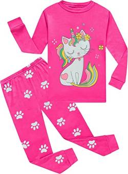 EULLA Kinder Mädchen Schlafanzüge Langarm Baumwolle Winter Pyjama Set Katze Zweiteilig Nachtwäsche 7 Jahre alt F-Rosarot Katze DE 122 von EULLA