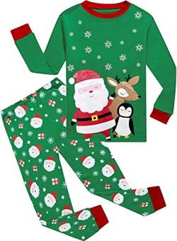 EULLA Kinder Mädchen Weihnachten Schlafanzüge Weihnachtsmann Pyjama Set Winter Langarm Baumwolle Christmas Xmas Zweiteilig Nachtwäsche Größe 6 Jahre alt 2# Grün Weihnachtsmann Rentier Pinguin DE 116 von EULLA