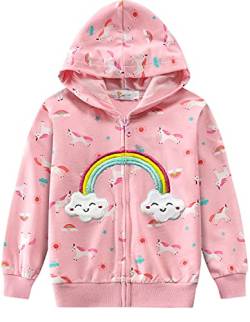 EULLA Kinder Mädchen Zip Up Hoodie Sweatjacke Kapuzenjacke Kapuzenpullover Langarm Baumwolle Rosa Regenbogen Pullover Hoody Sweatshirt mit Reißverschluss 3# Rosa Einhorn Regenbogen DE 110 von EULLA