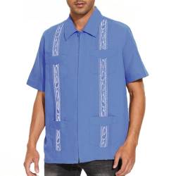 EUMAYA Herren Freizeithemden Guayabera Kurzarm Reißverschluss kubanische Hemden Mexiko-Stil, Blau, XL von EUMAYA