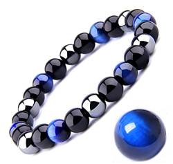 Tigerauge Armband, Tigerauge und Obsidian Magnetarmband, QUALITÄT DER KLASSE A，6/8/10MM，Sonnenschein, Selbstbewusstsein, Angstlösen (Blau(KLASSE A)，10MM,7,85 Zoll) von EUMENIDES