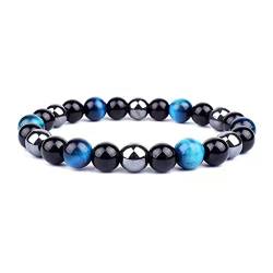 Tigerauge Armband, Tigerauge und Obsidian Magnetarmband, QUALITÄT DER KLASSE A，6/8/10MM，Sonnenschein, Selbstbewusstsein, Angstlösen (Blau(KLASSE A)，8MM,7,48 Zoll) von EUMENIDES