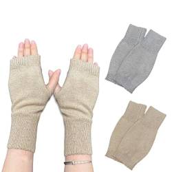 EUPSIIU 2 Paar Halb Fingerlose Handschuhe, Winter Gestrickte Handschuhe für Damen, Armhandschuhe Handgelenk, Warm Strick Fingerlose Handschuhe, Armwärmer Stulpen für Damen (Tawny, Gray von EUPSIIU