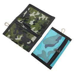 EUPSIIU 2 Stück Dreifach Gefaltete Slim Kinder Geldtasche Geldbeutel Jungen Portmonee Sport Mini Geldbörse mit Kette Clip Reißverschluss Faltbare, für Teenager Jungen Herren (Armeegrün, Blauer See) von EUPSIIU