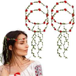 EUPSIIU 4 Stücke Blumenkrone, Haare Blumenkrone, Damen Girlande, Blume Haarschmuck, Blumen Haarband mit Blättern, Haarschmuck, Haar Accessoires für Mädchen, Strand, Reisen, Festival (Rot) von EUPSIIU