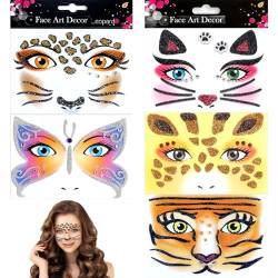 EUPSIIU 5 Stück Face Art Sticker Tier, Glitter Gesichtstattoo Karneval, Katze Leopard Tiger Giraffe Schmetterlinge Temporäres Tattoo Set für Fasching, Karneval, Halloween Tierkostüm Partys (5PCS) von EUPSIIU
