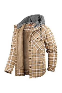 EUSMTD Herren Beiläufig Plaid Fleece Baumwoll Hoodie Shirt Jacke mit Plüschfell Innenfutter 3252 Khaki XL von EUSMTD