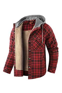EUSMTD Herren Beiläufig Plaid Fleece Baumwoll Hoodie Shirt Jacke mit Plüschfell Innenfutter 3252 Red L von EUSMTD