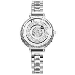 EUTOUR Damenuhr Magnet Uhr kein Glas Kugellager Uhren Quarz Luxus Eleganz Diamant Armbanduhr mit Edelstahl Armband Silber 36 mm von EUTOUR