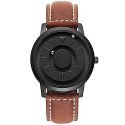 EUTOUR Uhren Herren Herrenuhr Magnet Uhr kein Glas Kugellager Quarz Armbanduhr für Männer mit Leder Armband Dunkelbraun-40mm von EUTOUR